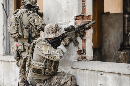 Smart teamwork of soldiers running forward and attacking enemy
