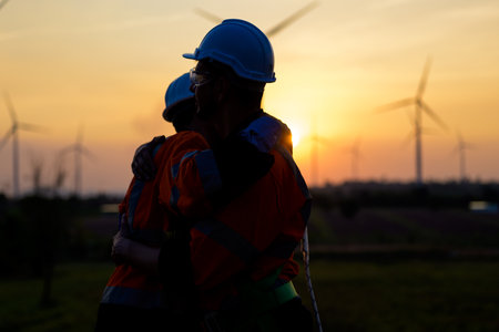 Renewable energy engineer working on wind turbineの写真素材