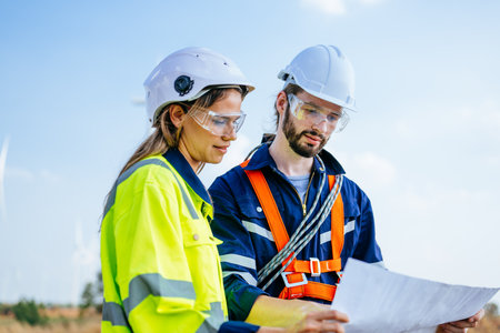 Professional engineers technicians working at wind turbine farm fieldの写真素材