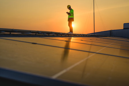 Engineer working at solar cell farm power plant with sunset in evening