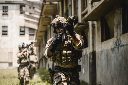 Smart teamwork of soldiers running forward and attacking enemy