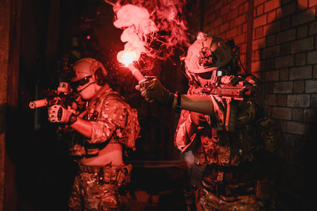 Expert team of soldiers attacking enemy during military operation