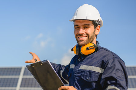 Technician worker installing solar panels at solar cell farmの写真素材