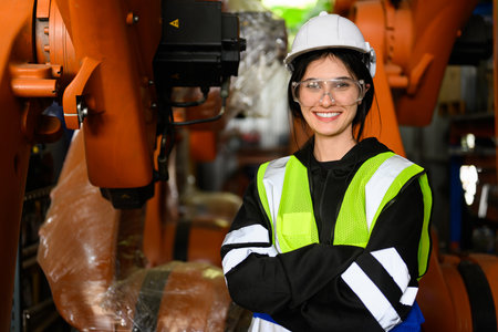 Happy female maintenance engineer worker working at industrial factoryの写真素材