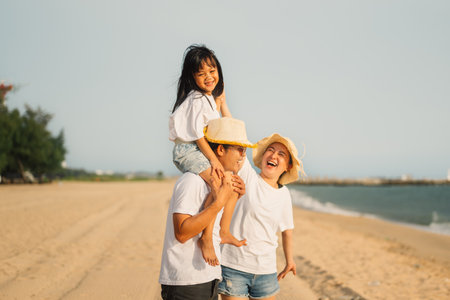 Family travel on beach, Family with car road trip at sea on summerの写真素材