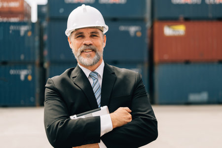 Smart businessman in black suit holding tablet checking goods at cargo stationの写真素材