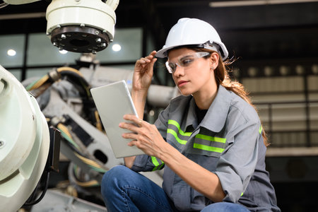 Maintenance engineer worker working with robotic machine automationの写真素材