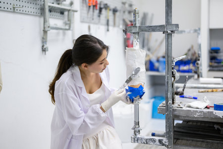Prosthetic technician sculpting plaster cast for socket at factoryの写真素材