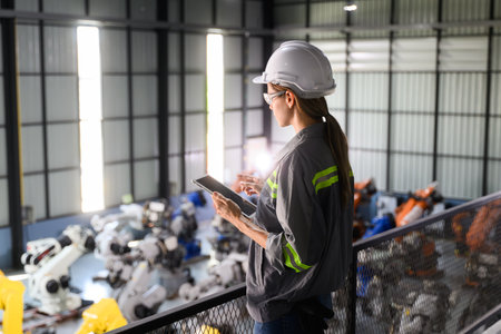 Maintenance engineer worker working with robotic machine automationの写真素材
