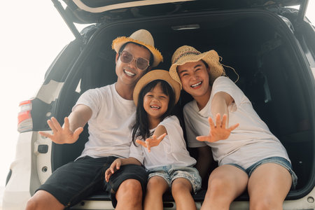 Family travel on beach, Family with car road trip at sea on summerの写真素材