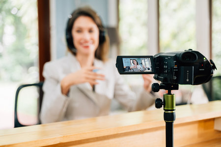 Professional businesswoman with wireless headphones meeting