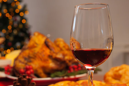 Christmas dinner with roasted turkey, Special food on table in the dinning room for Christmas dinner celebration, Christmas and Thanksgiving celebration conceptの写真素材