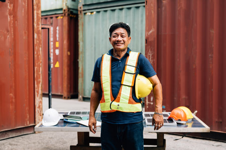Warehouse engineer worker working at industrial container yardの写真素材