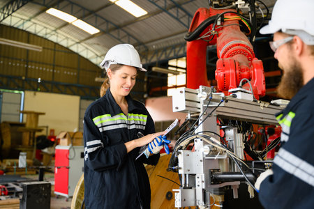 Mechanical engineers repairing engine machine at factoryの写真素材