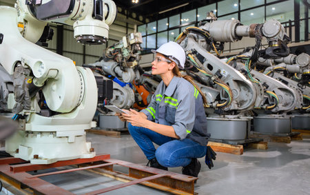 Female engineer worker working with robotic machine automation