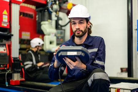 Male technician checking and repairing part of automatic machine