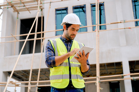 Portrait of cvil engineer with safety uniform working at construction site outdoor, Construction...