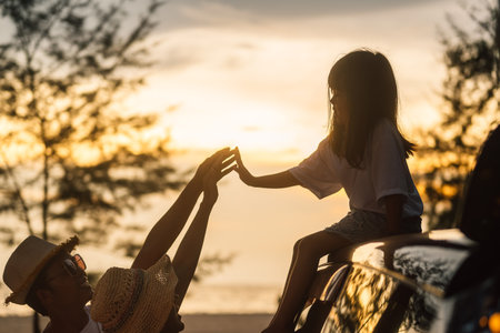 Family travel on beach, Family with car road trip at sea on summerの写真素材