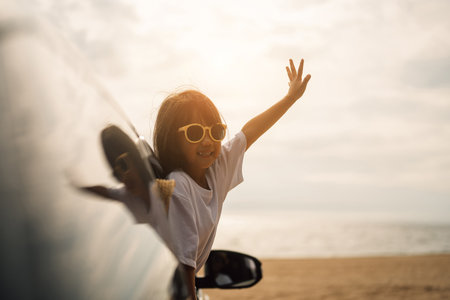Family travel on beach, Family with car road trip at sea on summerの写真素材