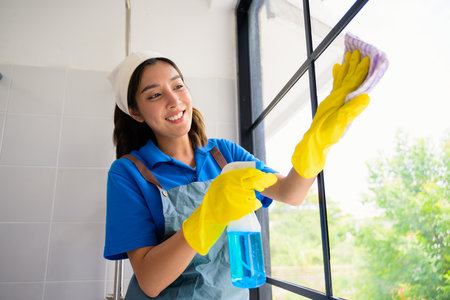 Happy woman cleaning house, Housekeeping and cleaning service, People doing housework at home