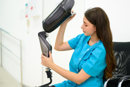 Female technician holding prosthetic limb checking in medical clinic