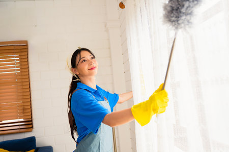 Happy woman cleaning house, Housekeeping and cleaning service, People doing housework at homeの写真素材