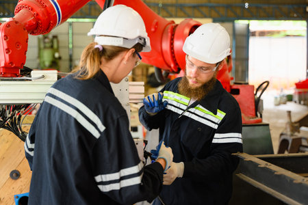 Mechanical engineers repairing engine machine at factory