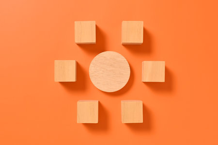 Wooden cubes mock up on abstract background for business concept, Business process, Copy space, Wooden blocks with copy space for text or symbols, Background with copy spaceの写真素材