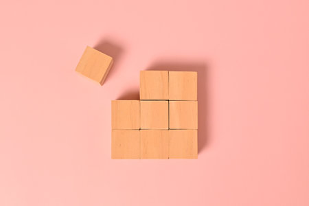 Wooden cubes mock up on abstract background for business concept, Business process, Copy space, Wooden blocks with copy space for text or symbols, Background with copy spaceの写真素材
