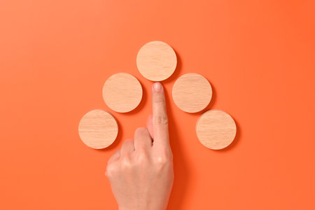 Hand with wooden cubes mock up on abstract background, Copy space, Wooden blocks with copy space for...