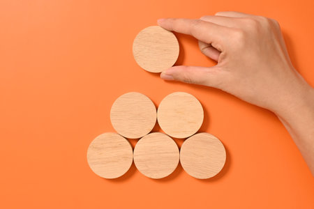 Hand with wooden cubes mock up on abstract background, Copy space, Wooden blocks with copy space for...