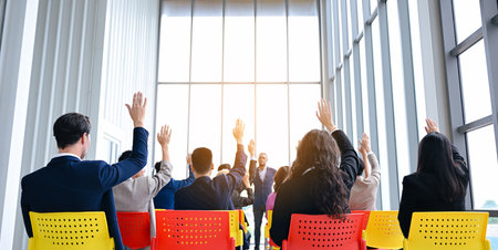business people hands up for join our partner. hands up vote approve. business meeting. High quality...