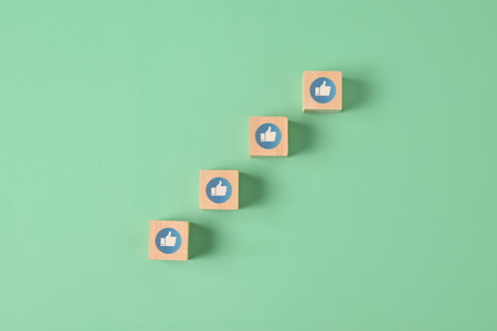 Thumbs up icon on wooden blocks, Happy smile face emotion background, Customer service evaluation,...