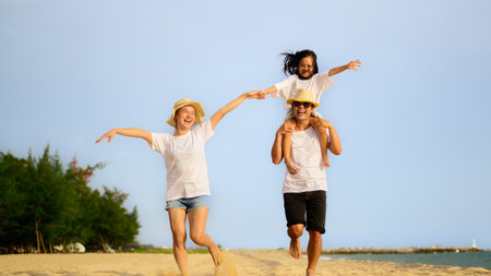 Family travel on beach, Family with car road trip at sea on summerの写真素材