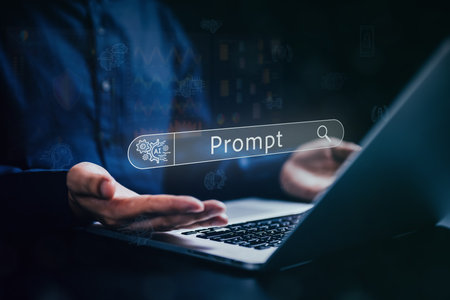 Prompt text, AI texting prompt on keyboard with smart Artificial Intelligence. Prompt text with AI, Immediate prompt concept.の写真素材