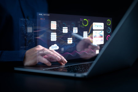analytics chart, business analysis chart KPI showing icon on virtual screen monitor laptop by...