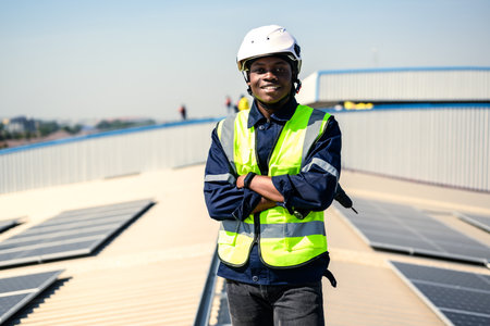 Engineers with safety helmet checking solar system at solar power farm
