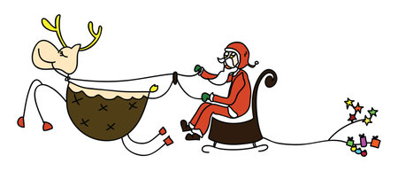 rudolph santa sleigh christmas cartoon hand drawn illustrationのイラスト素材