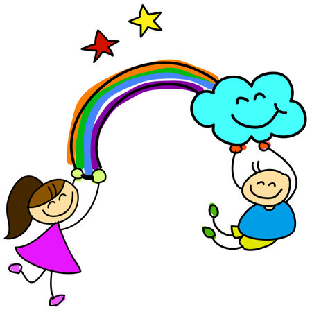 cartoon hand-drawn kids holding rainbow illustrationのイラスト素材