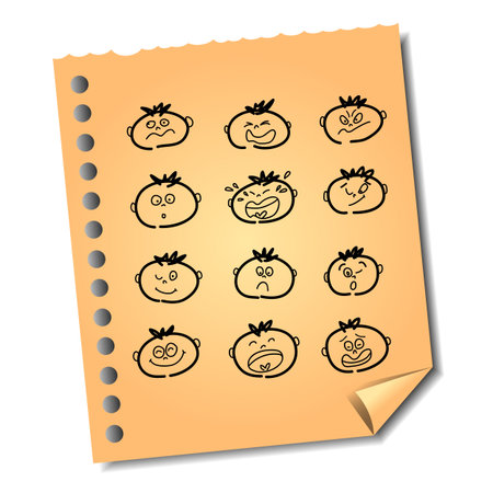 hand-drawn emotion face on recycle paper note vector for design and presentationのイラスト素材