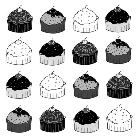set of cup cakes sketch in black and white style free hand drawingのイラスト素材