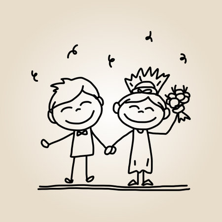 hand drawing cartoon happy people weddingのイラスト素材