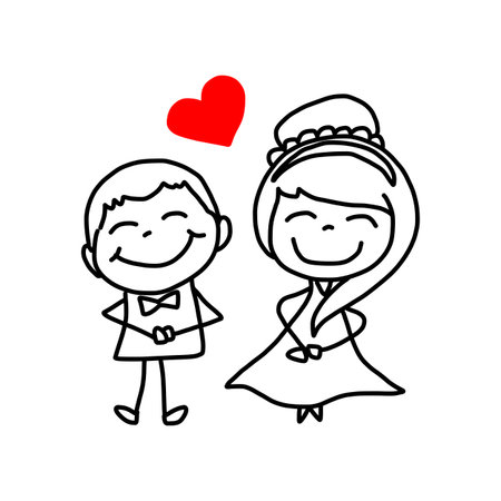 hand drawing cartoon character happy lovers weddingのイラスト素材