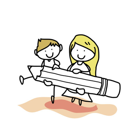 hand drawing cartoon happy kid back to schoolのイラスト素材
