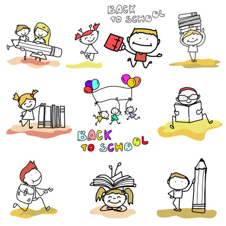 hand drawing cartoon happy kid back to schoolのイラスト素材