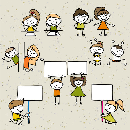 hand drawing cartoon concept happy kids playingのイラスト素材