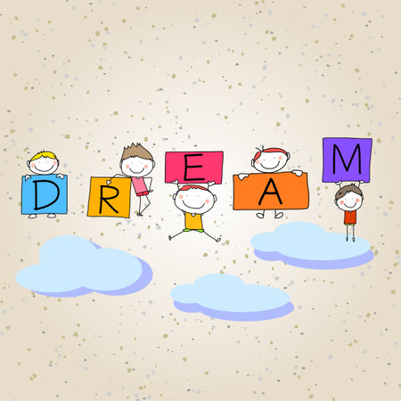 hand drawing cartoon character happy kids and positive wordsのイラスト素材