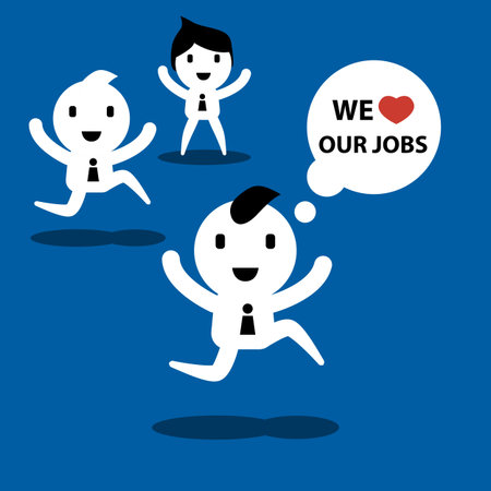 businessman and officer with bubble âwe love our jobsâ cartoon concept illustrationのイラスト素材