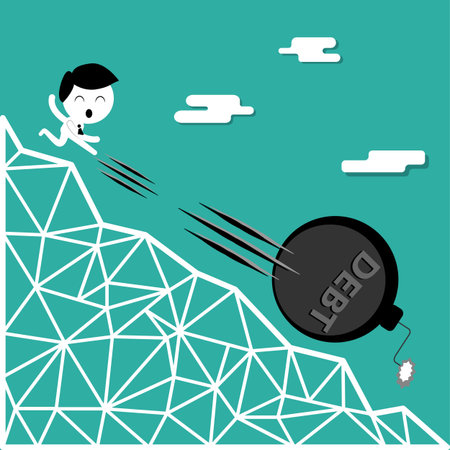 a man kicking debt bomb down hill, financial freedom concept のイラスト素材