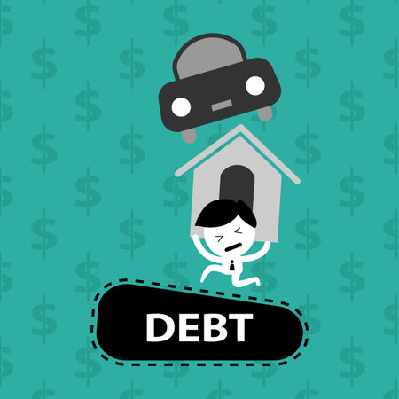 man bearing on debts, home loan, car, bills vector cartoon conceptのイラスト素材